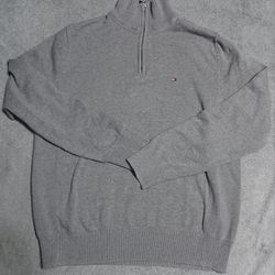 Men's Tommy Hilfiger Size LARGE Grey Sweater Sweatshirt  Warm Thick Half Zip 