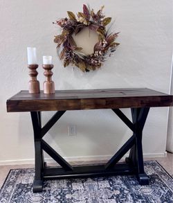 🤎 entryway accent table walnut brown black console entrance hall shelf rustic reclaimed wood farmhouse