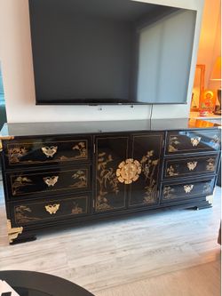 Vintage 72” Antique Lacquer Dresser + 2 Matching Nightstands