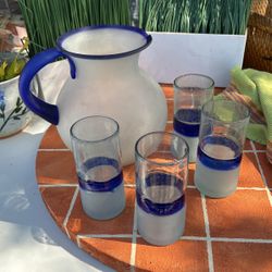Mexican Glassware And Blue Rimmed Pitcher