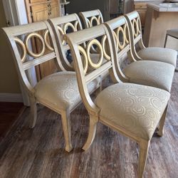 Chairs Set of 6 Solid  Wood  Cream and Gold Colored With Cushioned Seats Excellent Condition