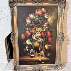 Vintage Floral Oil Painting Signed Pierry 30”Lx43.5”H