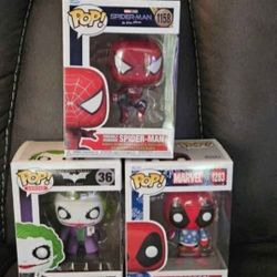 Comic Book Funko Pop Bundle. Spiderman, Christmas Deadpool, and The Joker.