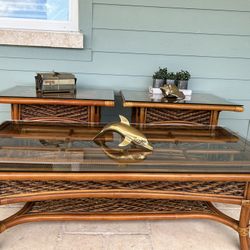 1980’s Coastal/Boho Chic Rattan & Glass Three Piece Coffee Table Set