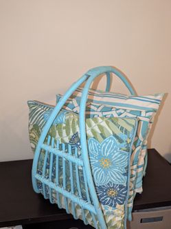 (3) Throw Pillows with Light Blue/Green Wicker Basket