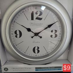Large 11.5” Westminster Wall Clock – Silver Frame, Glass Lens (New)