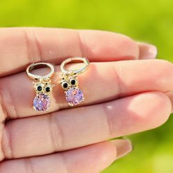 Gold Earrings- Owl Earrings - Pink Diamonds 