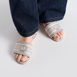 Dior Dway Slide Cotton Leather Light Grey Embroidered US 8.5