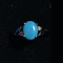 JTV Blue Sleeping Beauty Turquoise Rhodium Over Sterling Silver Ring