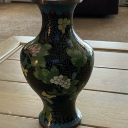 Vintage Chinese Cloisonné Green Floral Enamel 