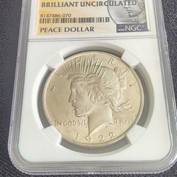 1922 $1 Peace Dollar NGC Certified Brilliant Uncirculated.