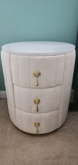 beautiful 1 white velvet nightstand with stone top. (MUST SELL TODAY)