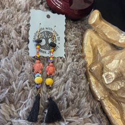 Handmade Colorful Beaded Turtle Earrings with Tassels