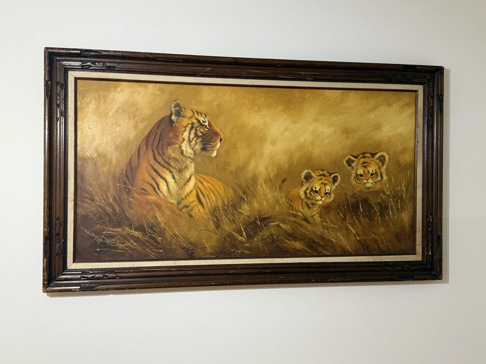 Original Wood Framed Tiger Acrylic Painting by Rex 55” x 37”