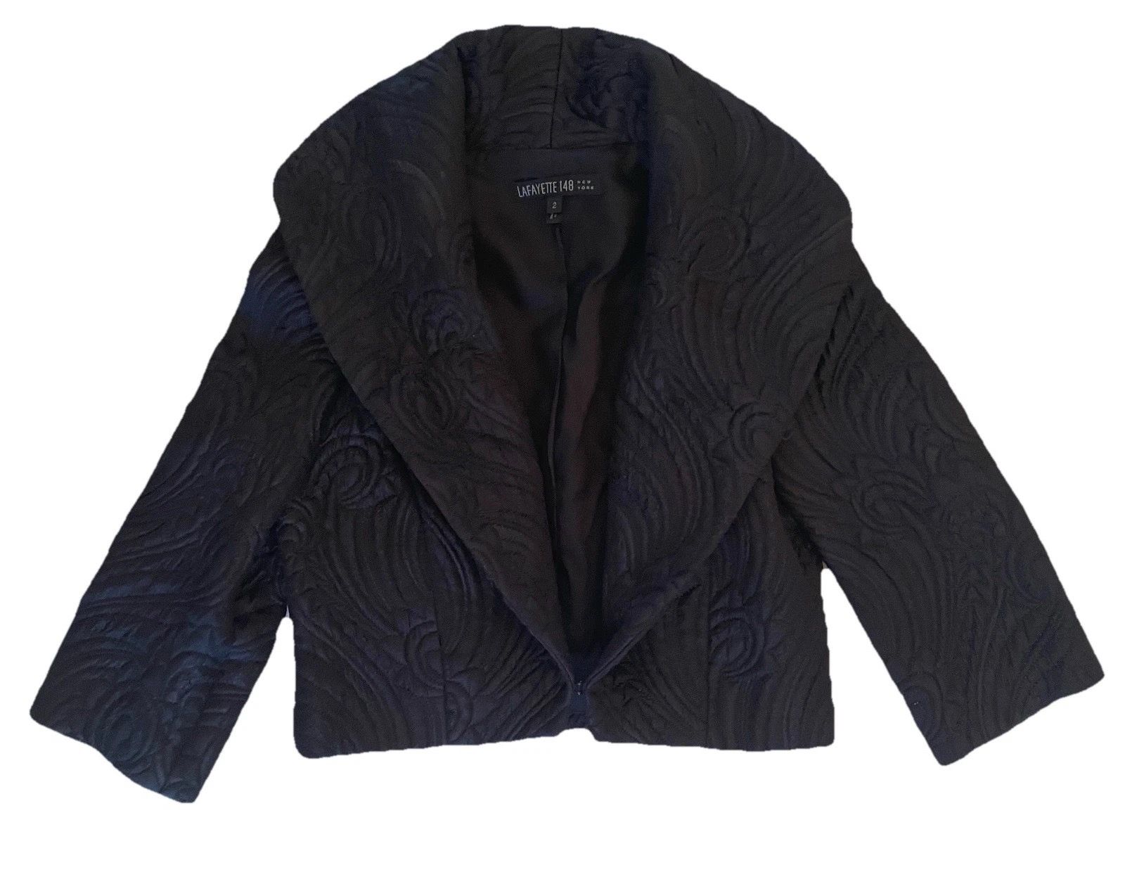 Lafayette 148 New York Quilted Wool Silk Shawl Collar Crop Jacket Black Size 2