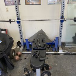 Weight Bench, Lat pull, Plates, Bars