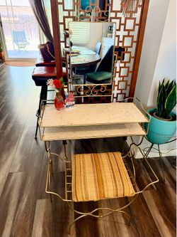 Vintage Mid-Century Modern Gold Metal Vanity and Stool Set