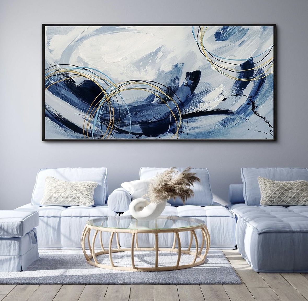 Large Wall Art - Blue, Gold, Black , & White Abstract Canvas Painting - Modern Art Originally $169