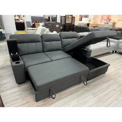 94"W Gray Fabric Sleeper Sectional Sofa Chaise with Storage Arms and Cupholder