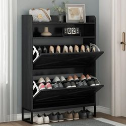 Shoe Storage Cabinet with 2 Flip Drawers and Top Storage Cubby, Narrow Slim Hidden Shoe Organizer with Doors (Black)