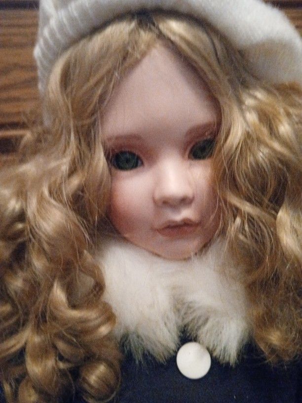 Vintage Porcelain Doll With Purple Dress And White Hat 30 Inches Tall