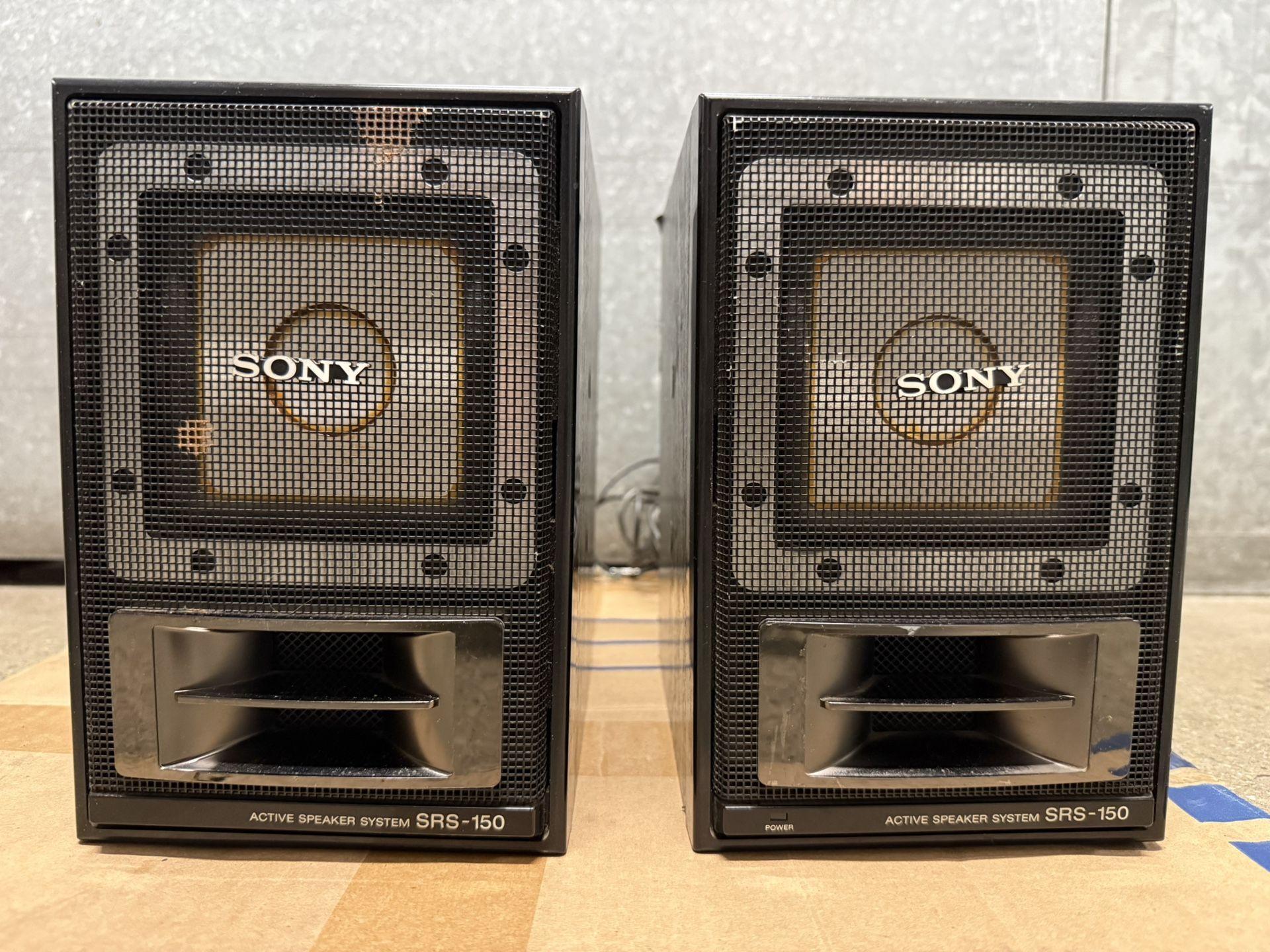 Vintage SONY SRS-150 L/R Amplified Active Aux Cable Speaker System Black -Tested