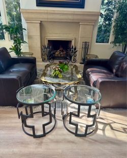 Round Glass Top Side Tables with Metal Base – Set of 2