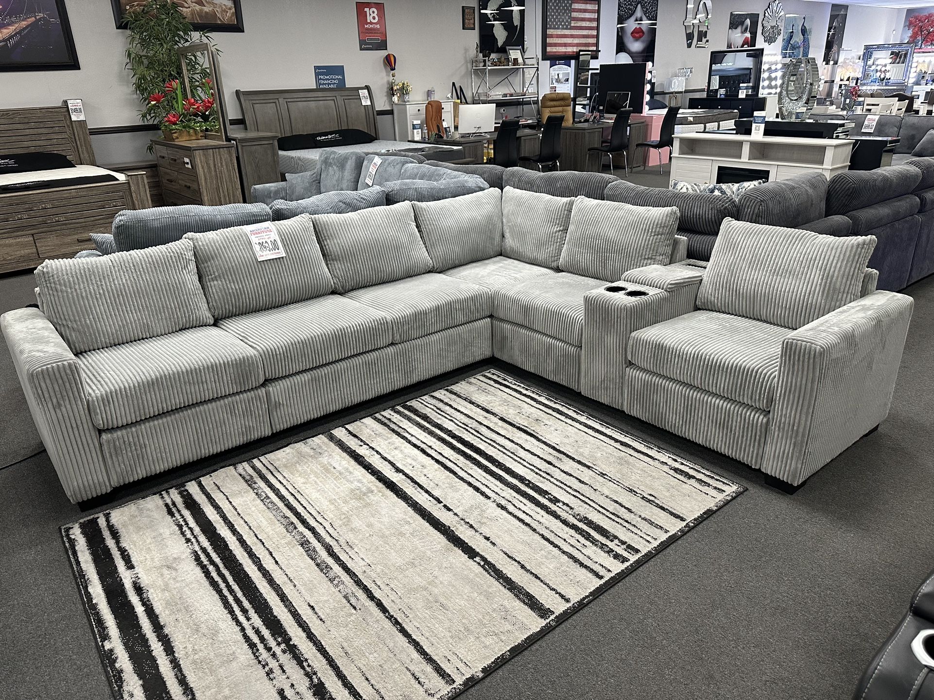 Gray Sofa Sectional w/ USP Outlet & Center Console