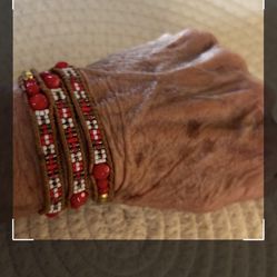 Leather Bracelet, Handmade With Red And Gold Beating