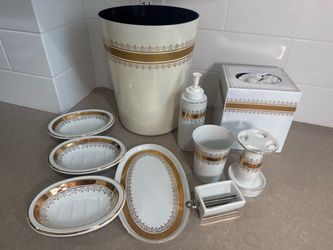 White and Gold Bathroom Accessory Set