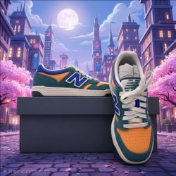 New Balance Kids Teal Suede & Orange Leather Sneakers with Blue Logo