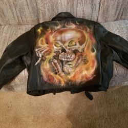 Leather biker Jacket Flaming Skull On Back