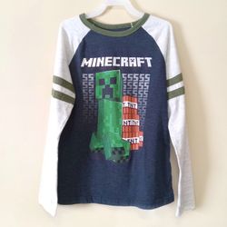 Jumping Beans Minecraft creeper long sleeve graphic t shirt navy gray size 10 