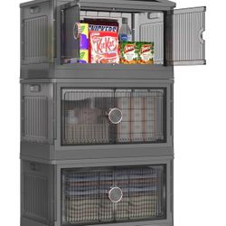 3pack 19.5Gal Big Lidded Collapsible Storage Bins, Plastic Folding Storage Cabinet Stackable Utility