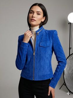 Herve Leger Fleur ultramarine blue goat leather suede biker moto jacket M medium