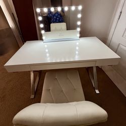 Modern White Vanity Desk w/ LED Lighted Mirror + Chair