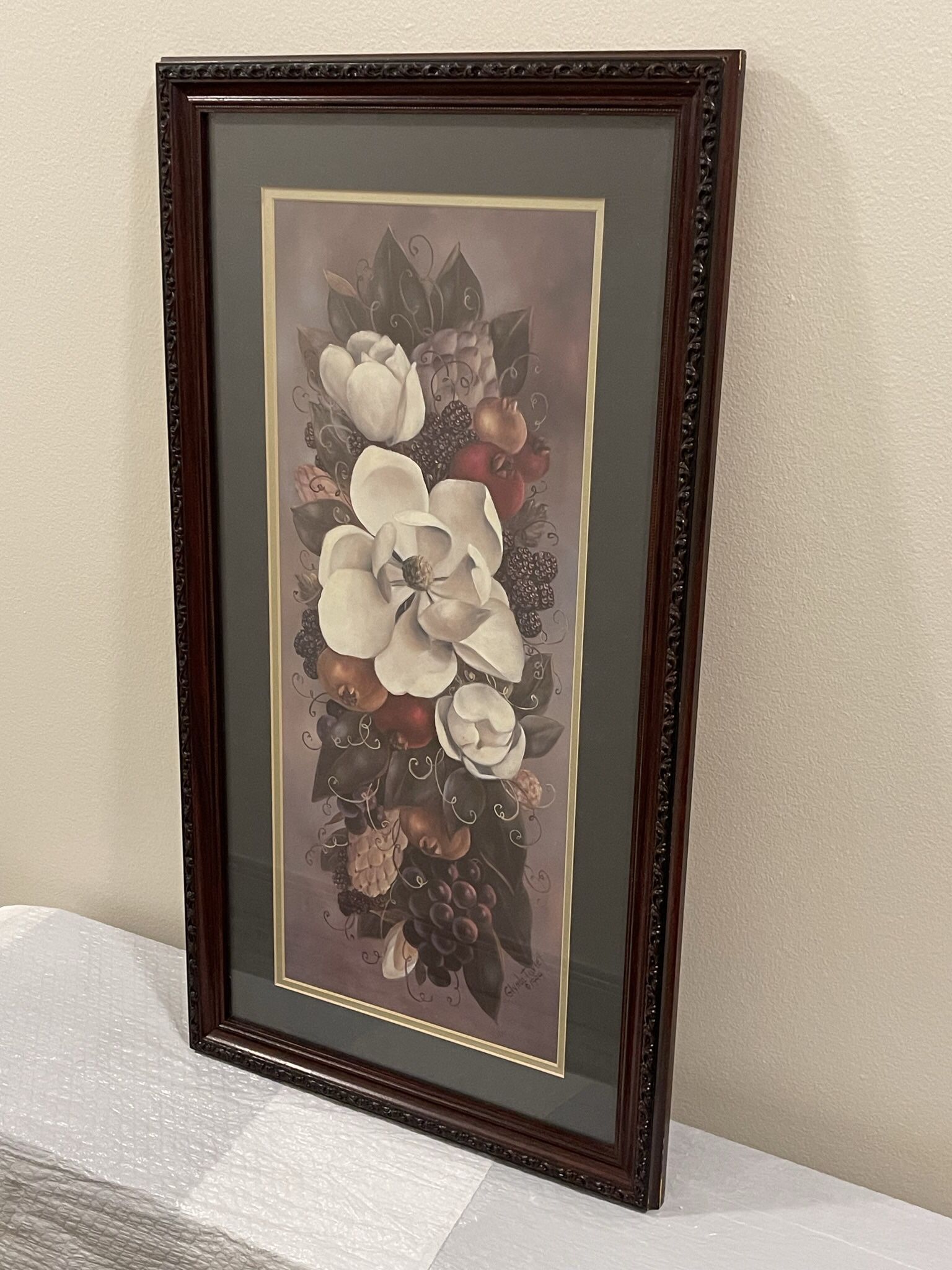 Distinctive Wood Frame, Matted & Glass-Covered Floral Wall Art - firm price