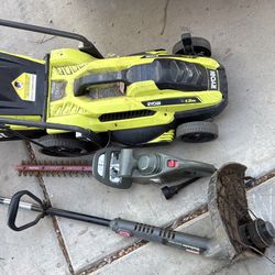 RYOBI 13" ELECTRIC LAWN MOWER 11AMP/ hedge trimmer and  weedwacker all 3 for $60