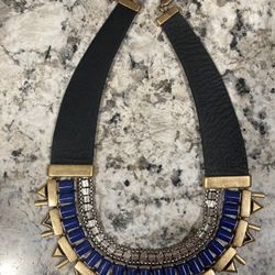 Stella & Dot Necklace Natalie Reverse Bib Leather Strap Gold Silver Cobalt Blue