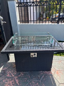 Outdoor Propane Fire Pit Table w/ Glass Wind Guard + Cover