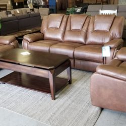 Beautiful light brown micro suede reclining Sofa and loveseat