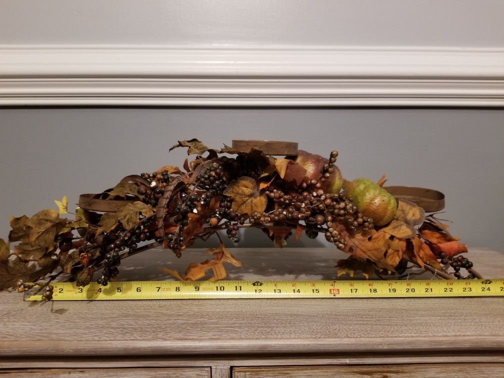 Candleholder; brown metal w/ autumn greenery; holds 5 candles-$10