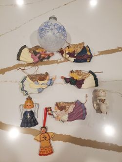 Lot of 9 Christmas Tree Ornaments Home Decor Xmas Glass Resin Wood Angels Rare Bronners Collectible