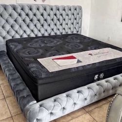 NEW IN BOX- King & Queen Size Grey Platform Bed Frame with Buttons
