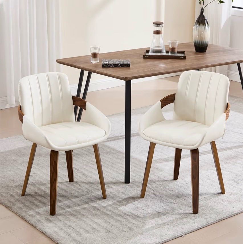 VipDesk Dining Chairs Set of 2, Mid Century Modern Dining Room Chairs with Arms and Mid Back PU Leather Upholstered Bentwood Kitchen Chairs for Home R