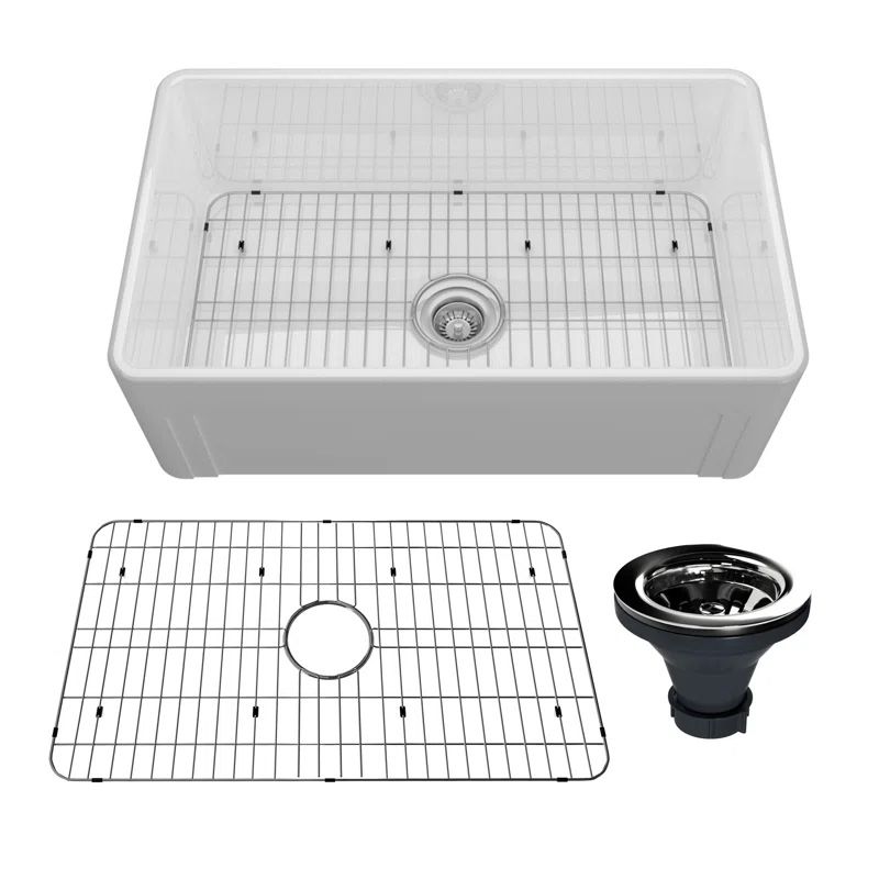 30" L x 18" W Single Bowl Fireclay Farmhouse Kitchen Sink with Sink Grid