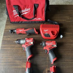 Milwaukee M12 Fuel Brushless Impact Driver and Drill Combo with M12 3/8 Ratchet