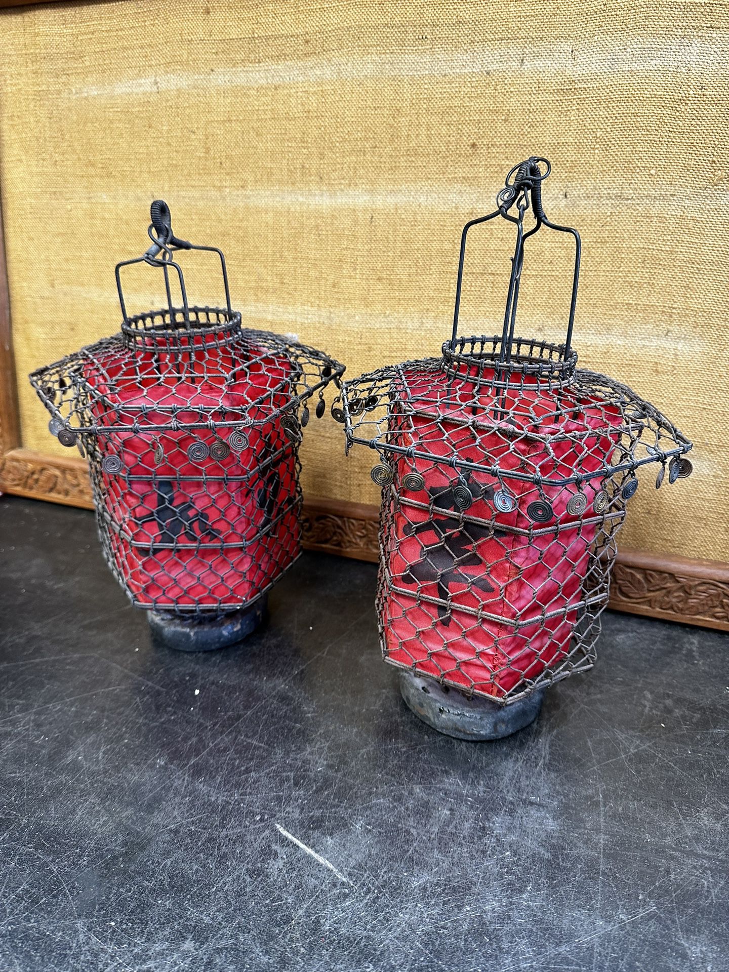 Early 20th Century Chinese Wire & Wood Lanterns Lantern Pair