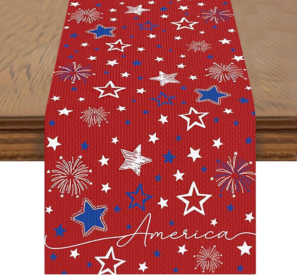 Flyart 4th of July Decorations Table Runner, Red Stars America Patriotic Memorial Day Independence Day Table Runners, Holiday Kitchen Dining Table Dec