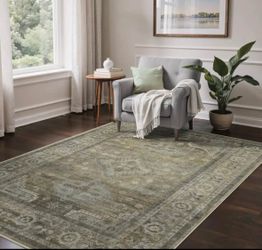 Sage/Gray Blue Oriental Non Slip Washable Rug